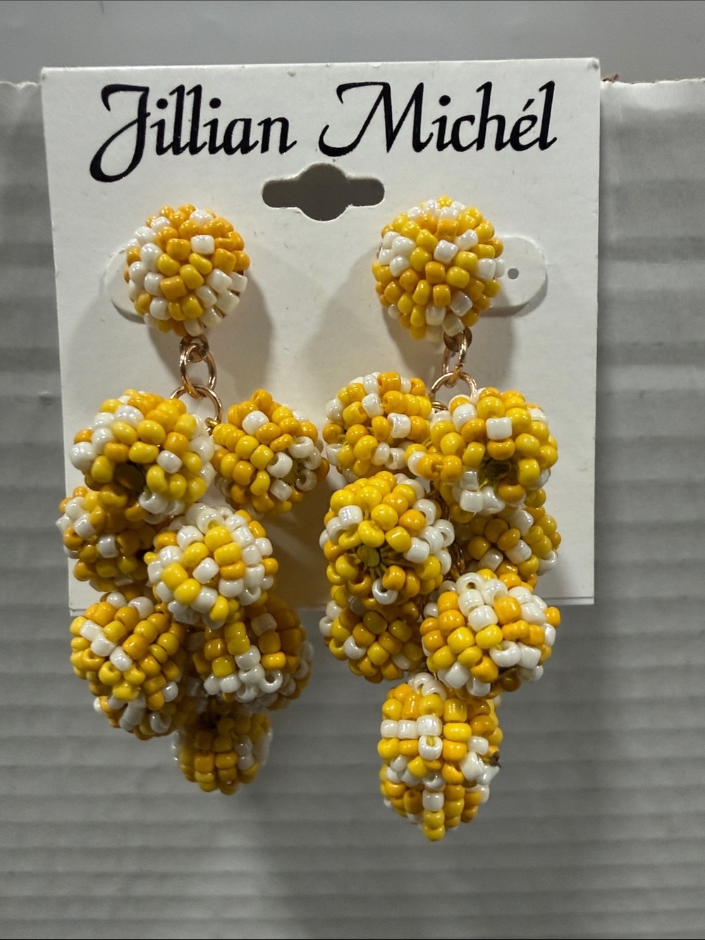 Jillian Michel Yellow & White Beaded Cluster Drop Earrings